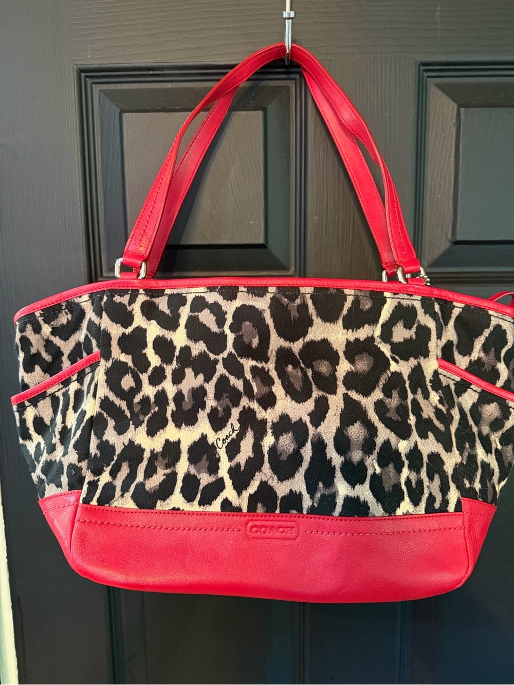 Coach Leopard-Print Tote with Red Leather Trim